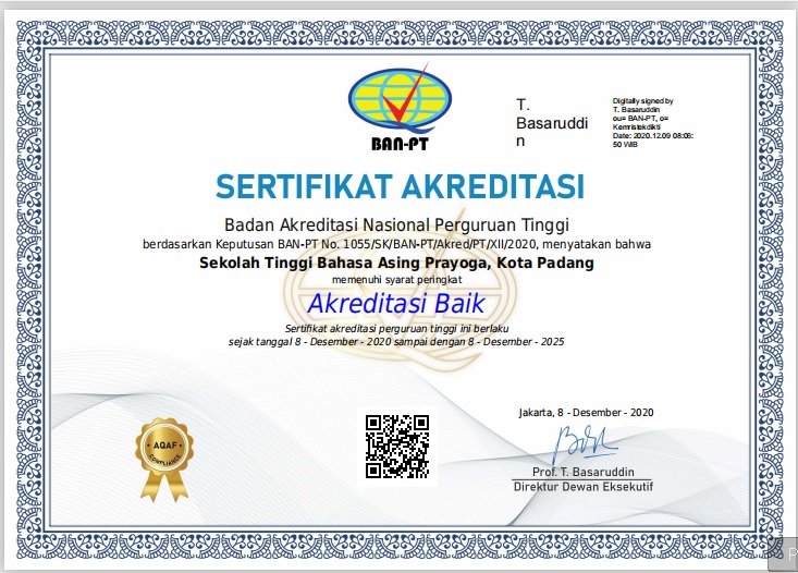 Sertifikat Akreditasi Institusi STBA Prayoga Padang