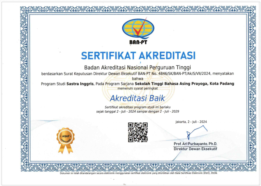 Sertifikat Akreditasi Program Studi S1 Sastra Inggris STBA Prayoga