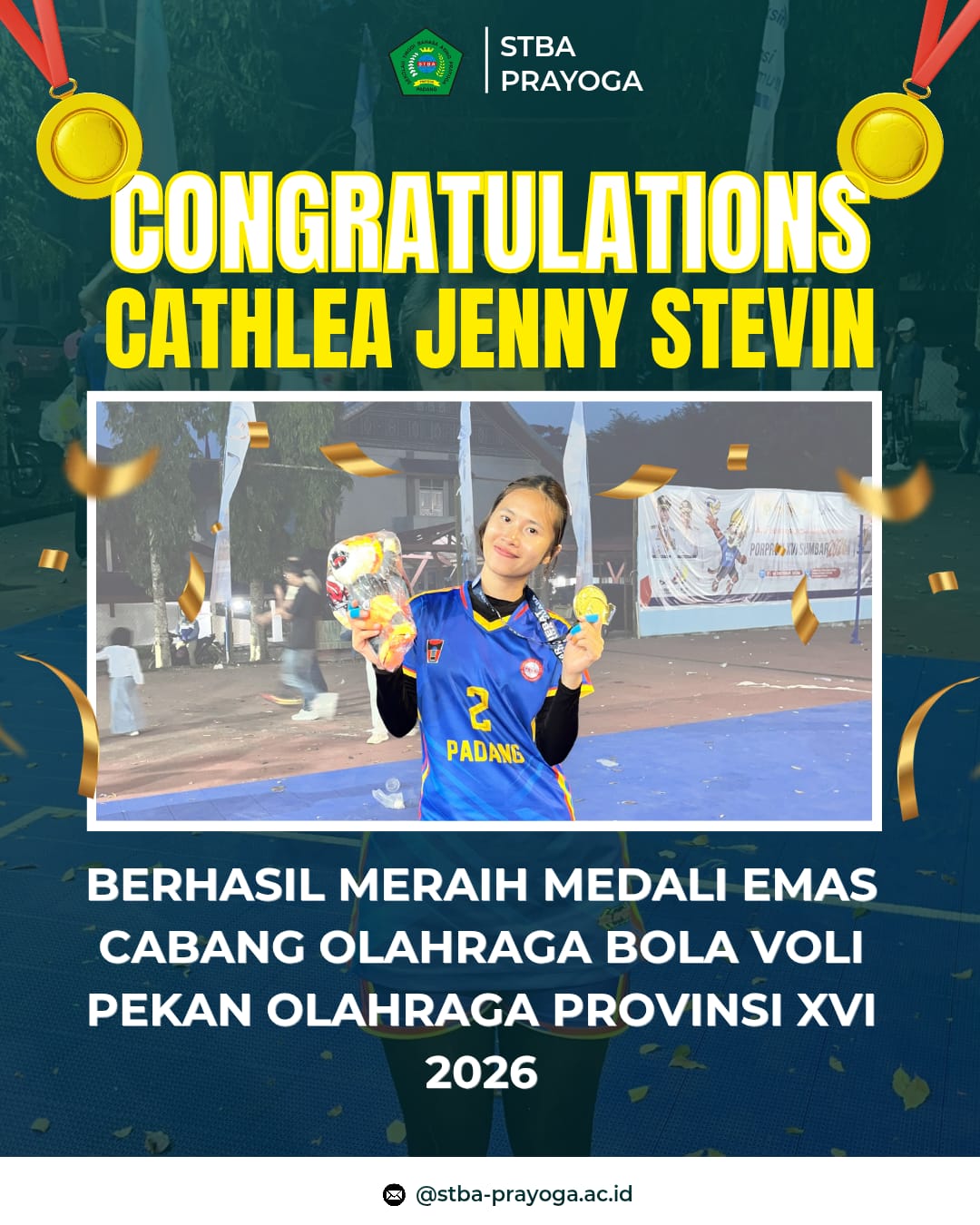Mahasiswi STBA Prayoga, Cathlea Jenny Stevin, Raih Medali Emas Cabang Olahraga Bola Voli pada PORPROV XVI Tahun 2026